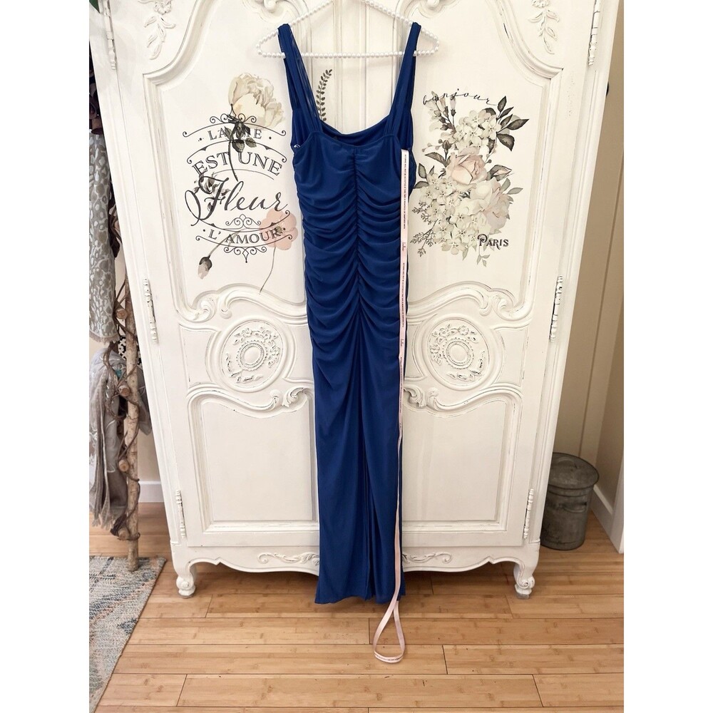Lulus Amazing Presence Maxi Dress Blue Mesh Ruched Column Size M NWT - Picture 6 of 9